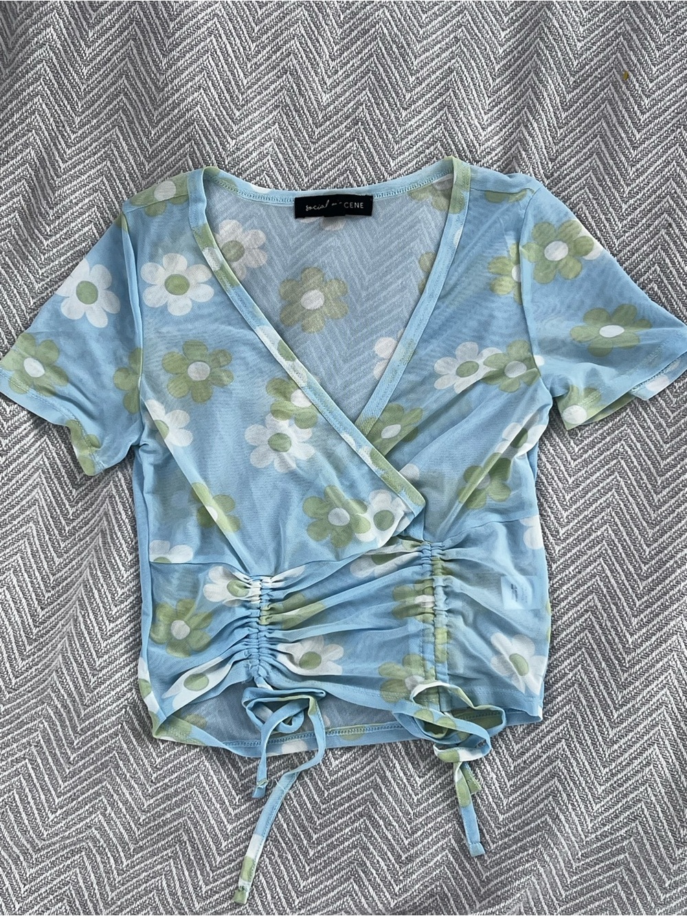 Social-Cutie Light Blue Floral Ruched Wrap Crop Top
